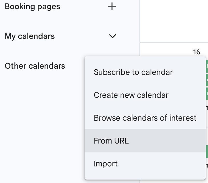 In Other calendars, open the plus menu and choose From URL.
