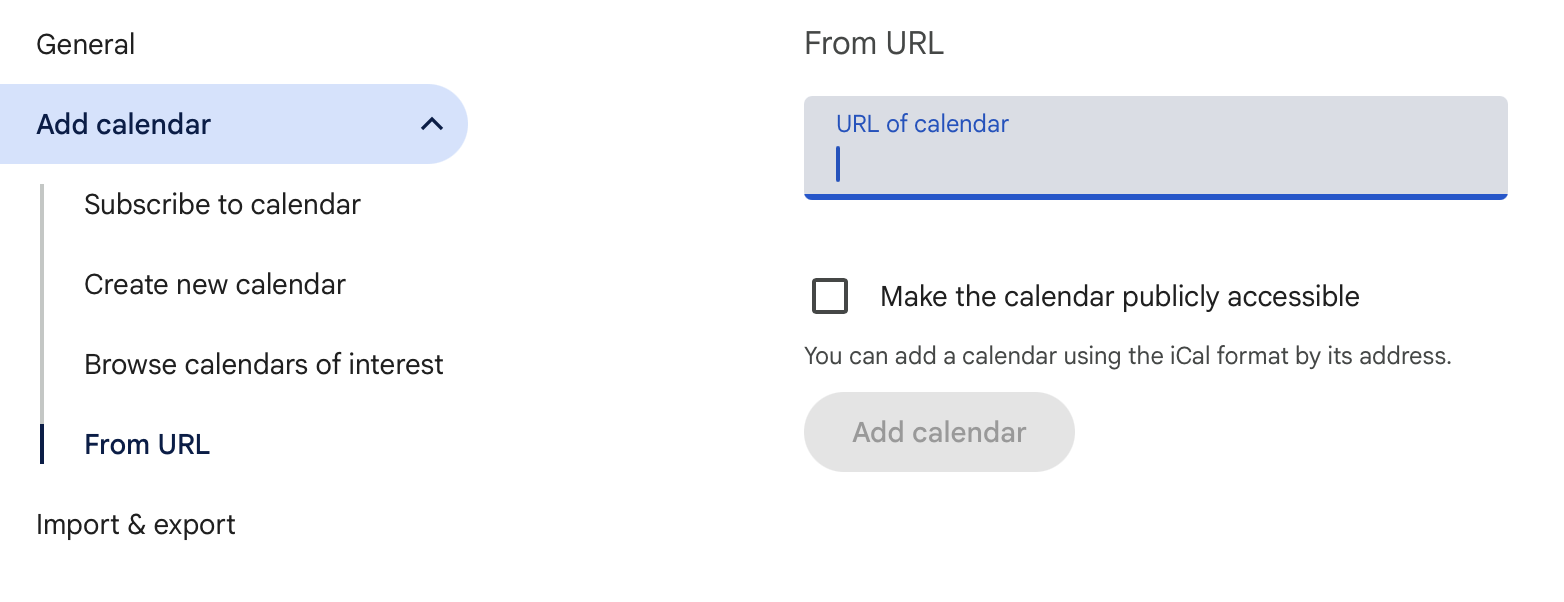 Paste the Policy Stack link into URL of calendar, leave public access unchecked, then add the calendar.